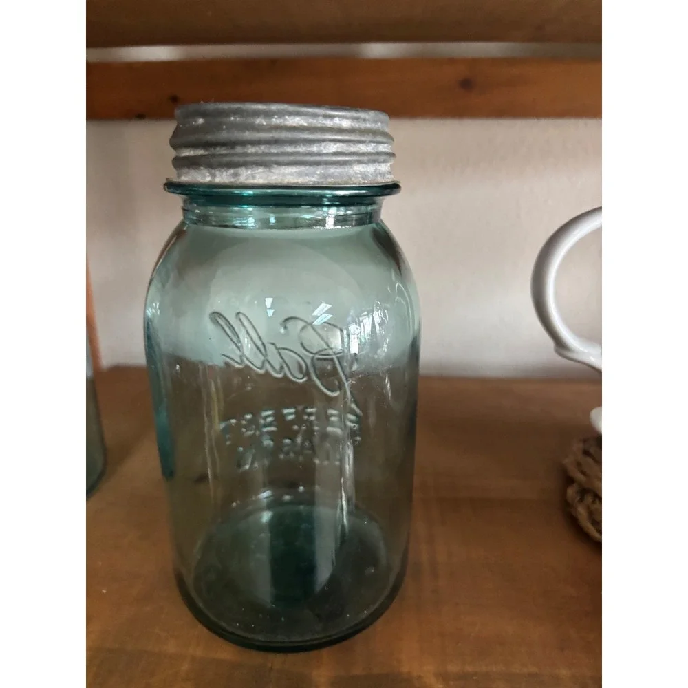 Vintage Ball Perfect Mason Jar Aqua Blue Glass Quart with Zinc Lid 7 Inch